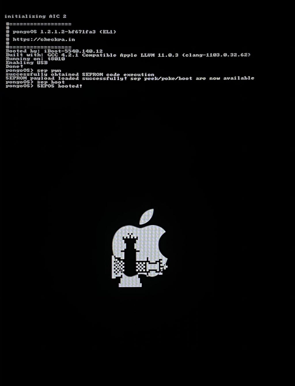 The output screen of a successful checkra1n jailbreak