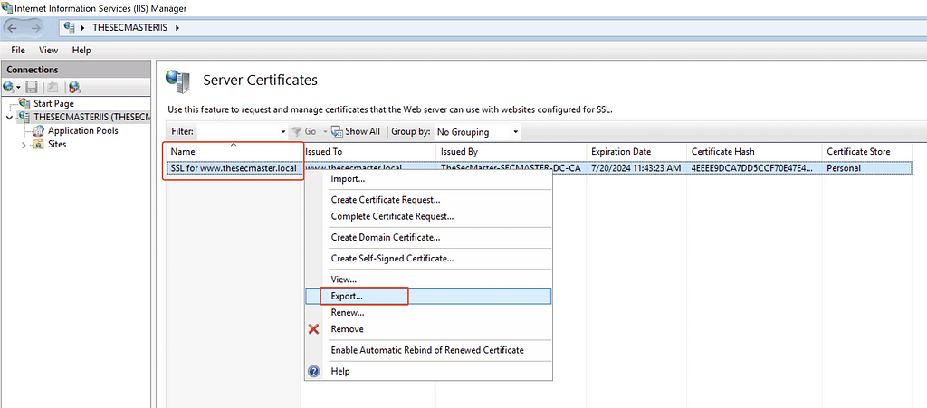 An image showing how to export a certificate from the IIS console