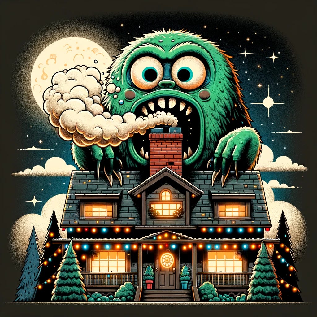 Image of a round-faced Lake Lemon Monster, with huger eyes and sharp teeth in its oddly shaped, wide open mouth. It peers over the roof with the night sky in the background. Christmas trees and lights can be seen in the front of the house with brightly lit windows. Image by Farmer Josh using Chat GPT