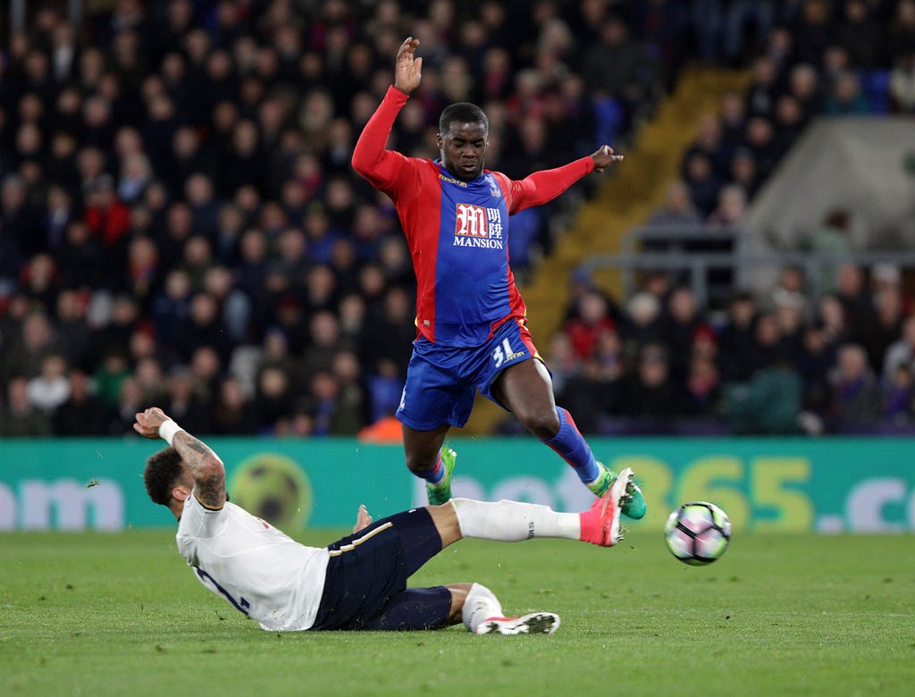 CP v Spurs 27/4/17 Spurs' Kyle Walker tackles Jeffrey Schlupp Photo: ©Neil Everitt 07970 789228