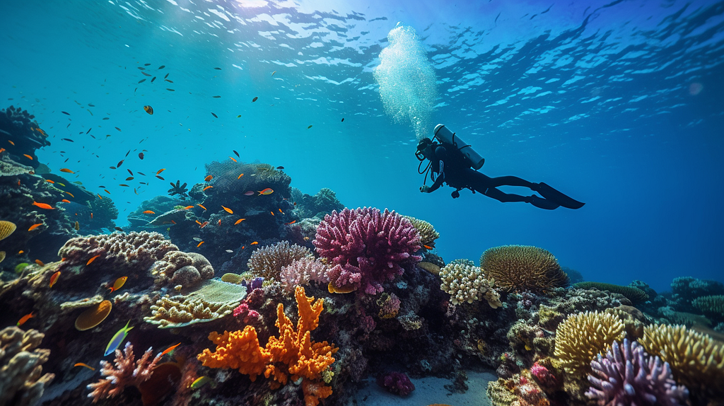 Scuba diver near the great barrier reef, shot using Nikon Z9 camera with cool filter lens, with underwater lighting (generated by Midjourney)