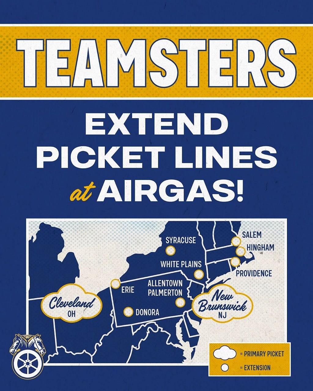 A Teamsters poster reading “Extend Picket Lines at Airgas” with a map of where picket lines are happening currently in the Northeast.