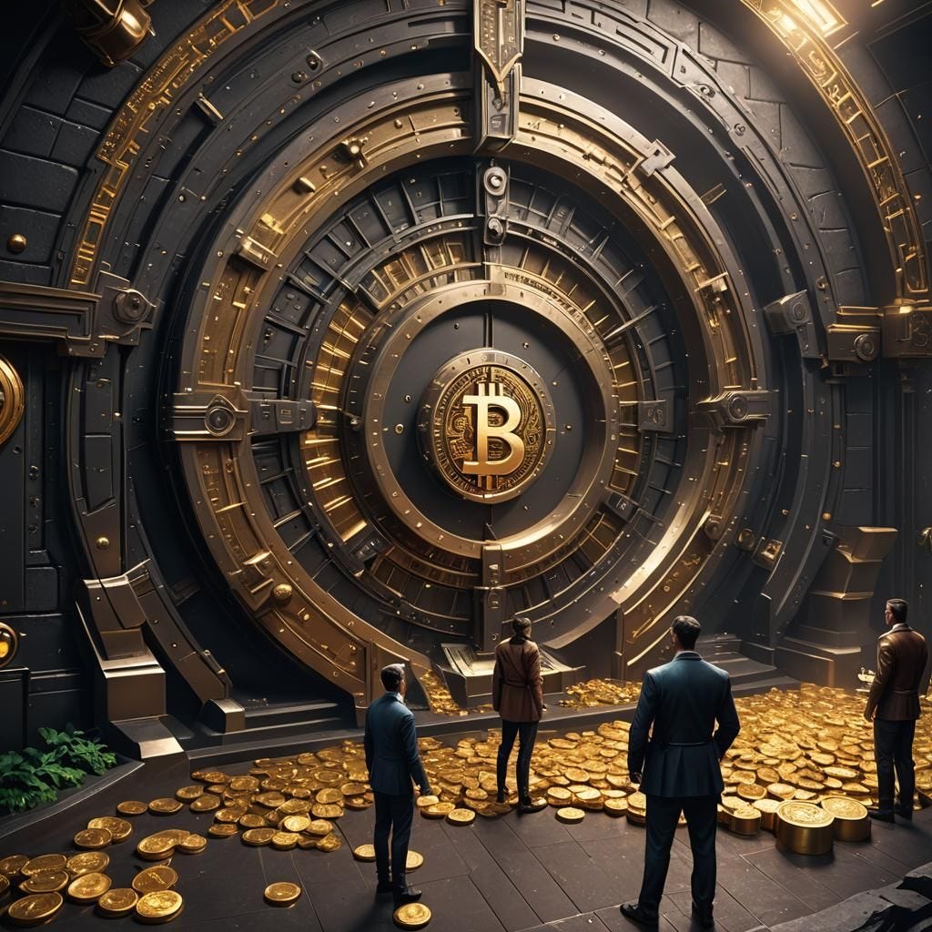 A giant Bitcoin safety vault securing cryptocurrency while individuals look on at the grandeur.