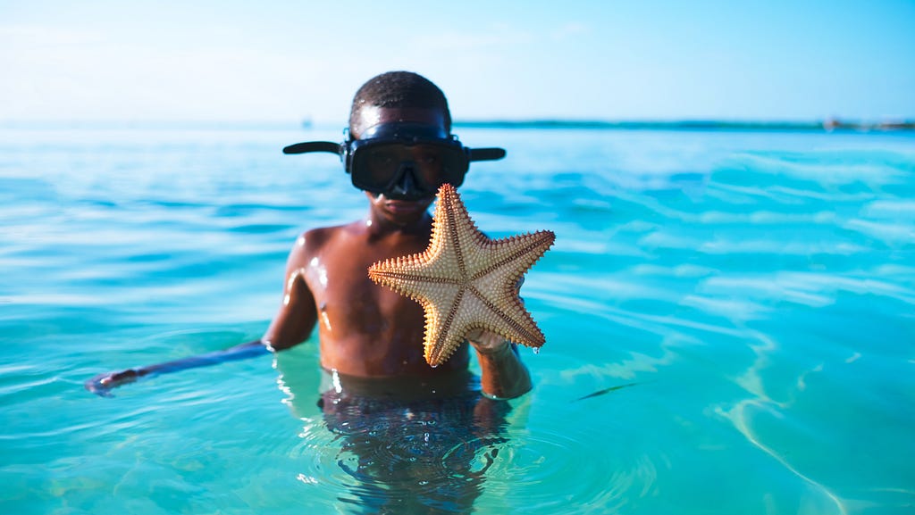 A boy wearing scuba goggles holds an alien looking starfish.