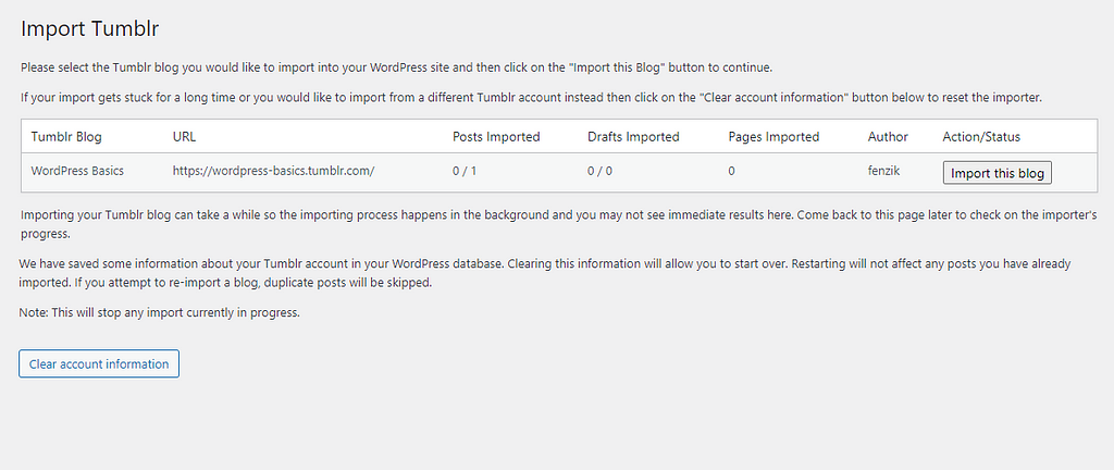 Tumblr blog listed in WordPress import Tumblr page