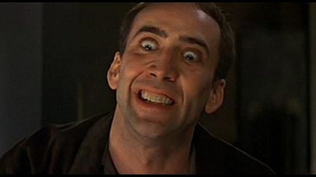 Nicholas Cage being weird in the film Face/Off again.