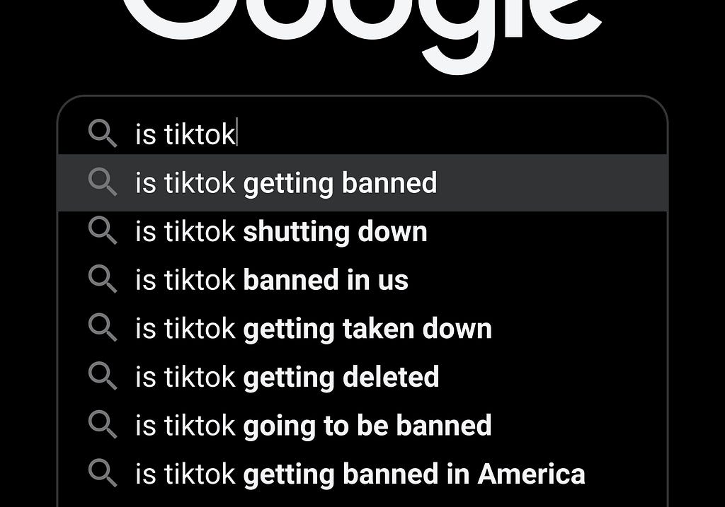 A Google search query into “is TikTok”, all the autofill options are showing underneath.