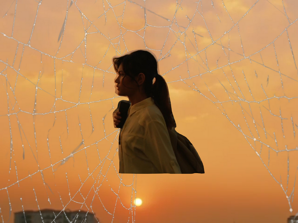 A collage of San now in a broken web with a sunset background. There is an absence of other elements