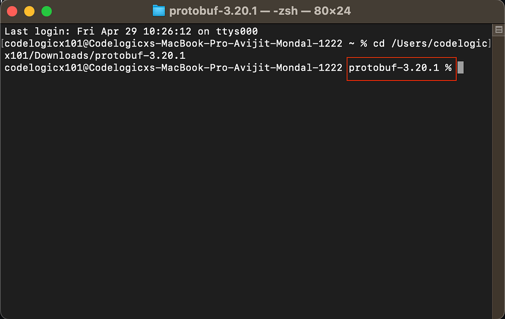 Terminal — setting protobuf folder as current directory