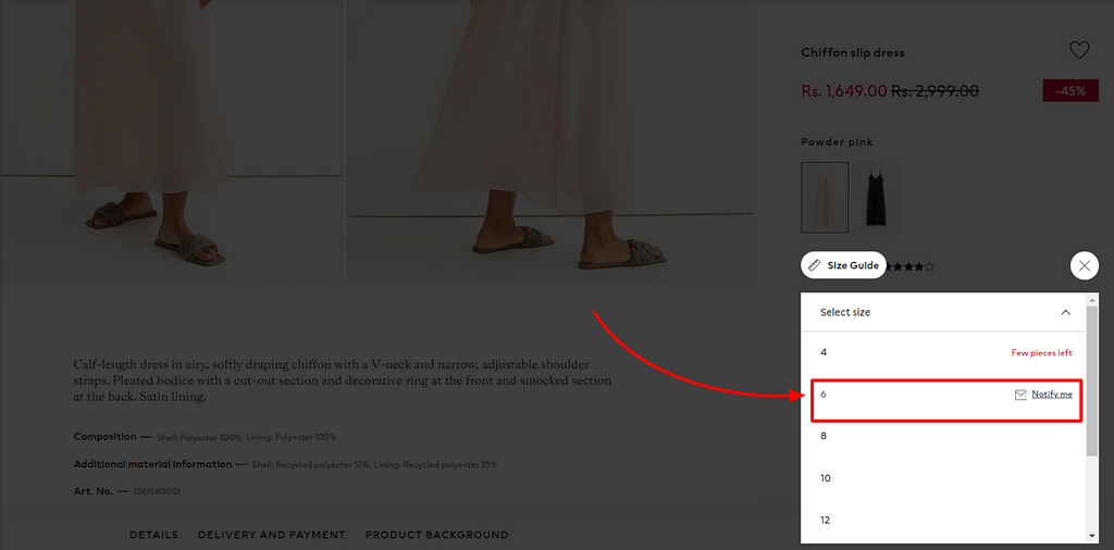 H&M’s out of stock product page snapshot