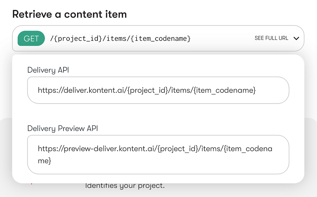 Kentico Kontent Delivery API reference for retrieving a content item