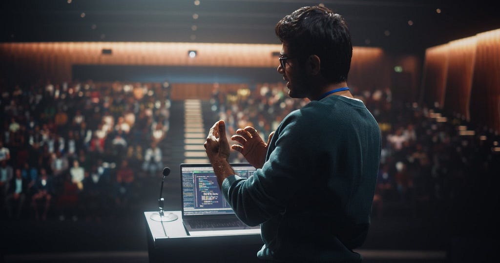 A man in his thirties doing a keynote talk before an audience in a large hall.