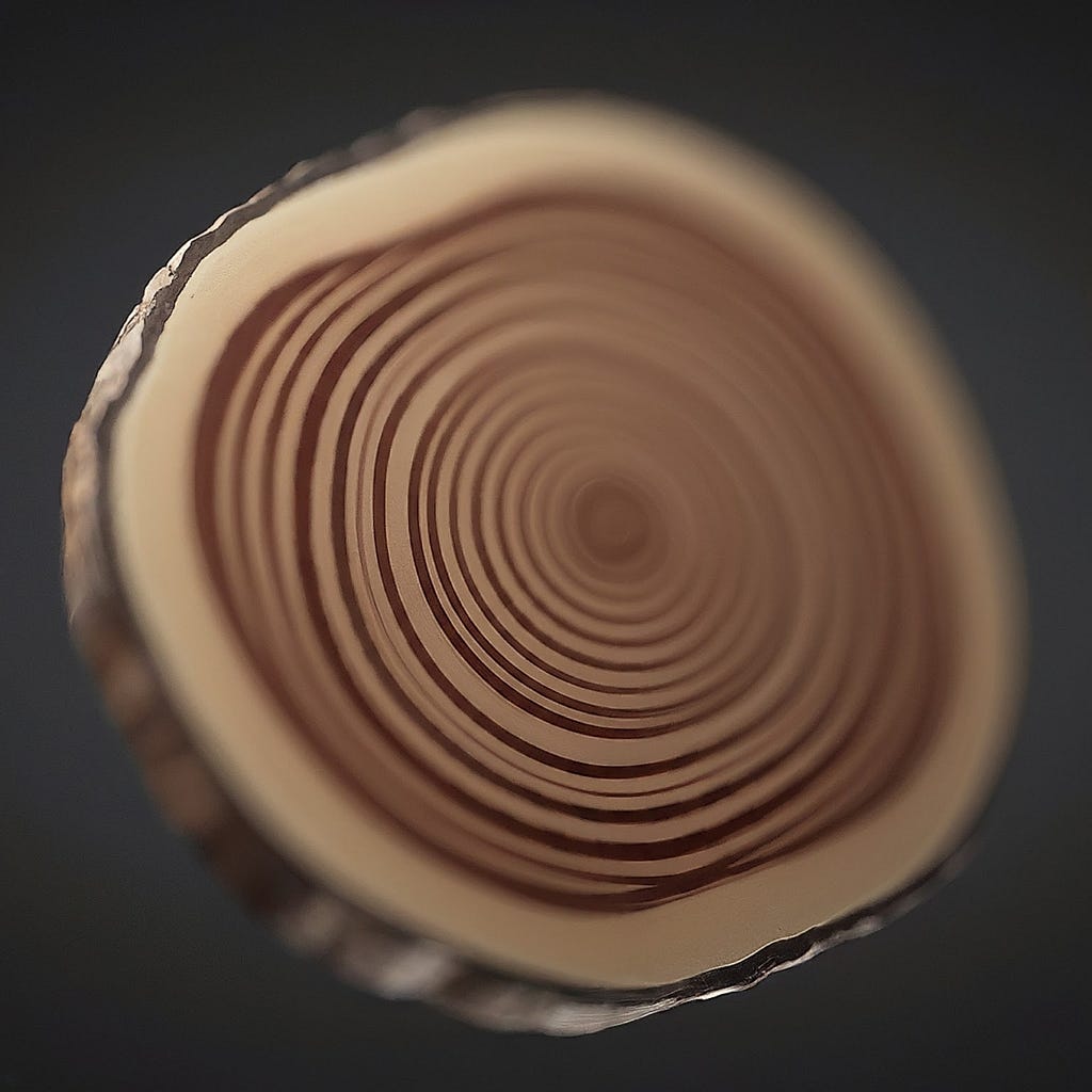 A close-up of a cylindrical object with concentric circles in shades of brown, reminiscent of tree rings or geological strata, symbolizing the continuous and layered growth of sustainability practices over time.