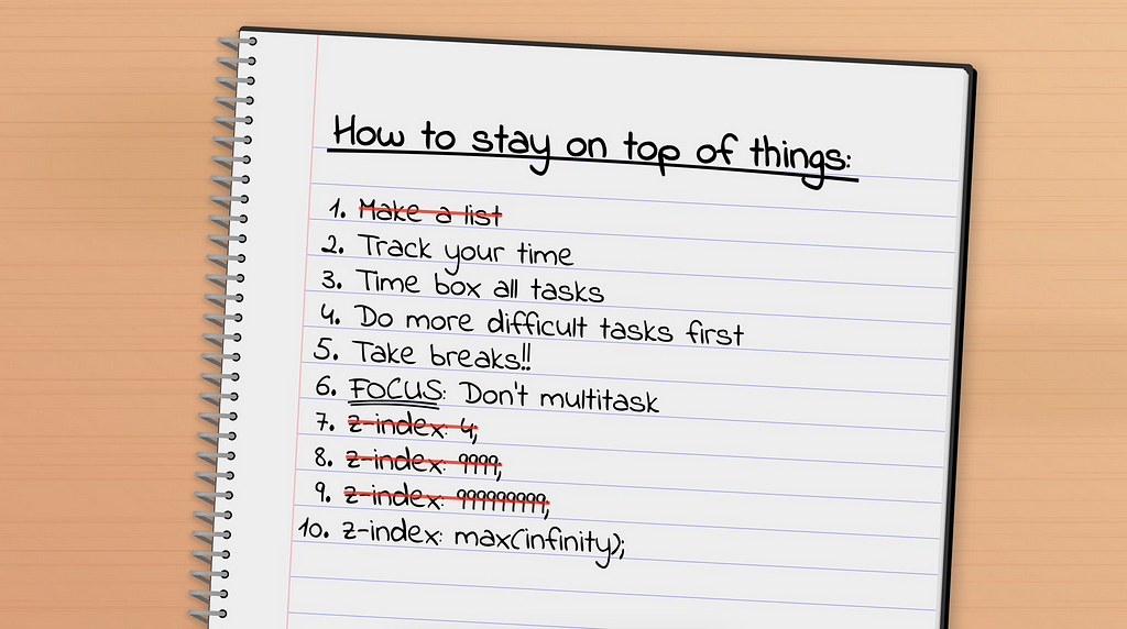 cartoon with a list titled ‘How to stay on top of things’: 1. make a list (striked through); 2. track your time; 3. time box your tasks; 4. more difficult tasks first; 5. take breaks; 6. focus, don’t multitask; 7. z-index: 4 (striked through); 8. z-index: 9999 (striked through); 9. z-index: 99999999 (striked through); 10. z-index: max(infinity)