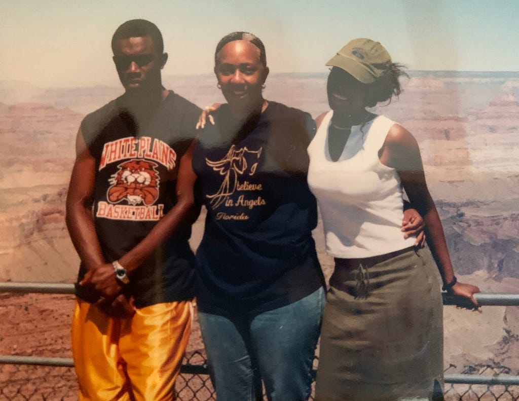 The author (right) in 1999 with her late brother Brian and her mother, Rhonda at the Grand Canyon in Nevada.