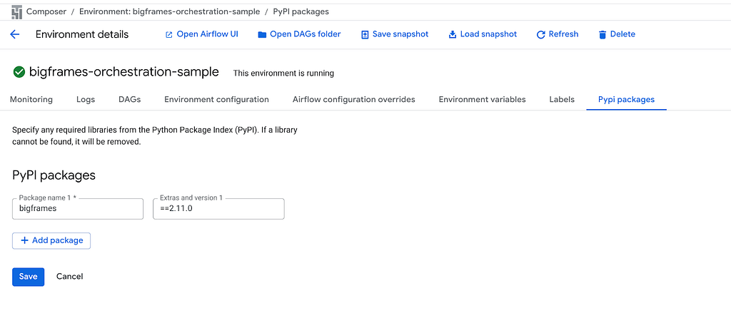 A screenshot showing to go to the PyPI tab and add the bigframes package.