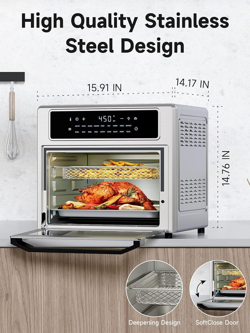 Air Fryer Toaster Oven Combo, 26.4 Qt Convection Oven Countertop, 18-in-1, Stainless Steel Large Airfryer, 4 Zone with Accessories, Digital Full Touch Screen, Easy to Clean