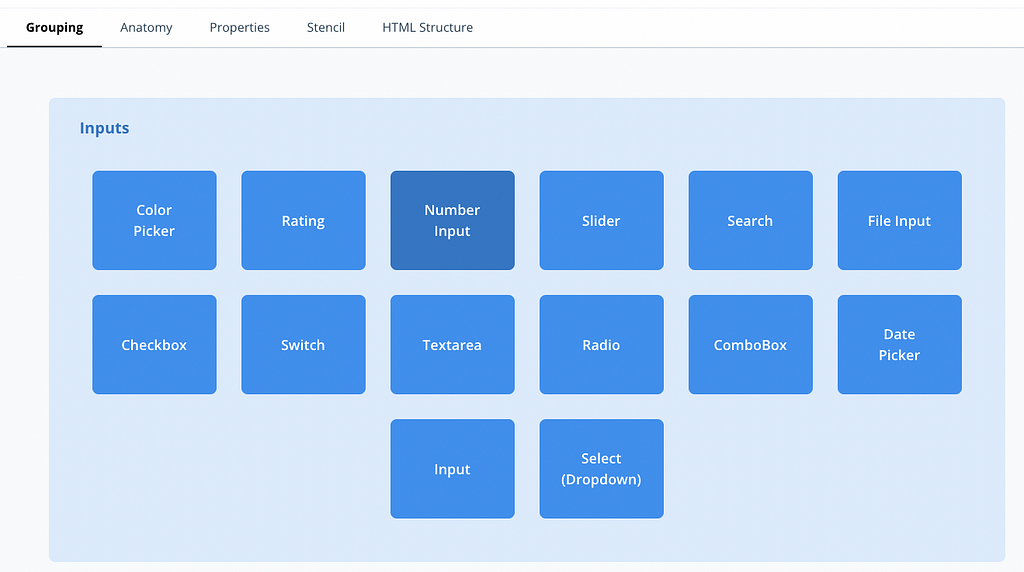 Shows a group named Inputs with other elements inside, like: Rating, color picker, slider, input-text, etc