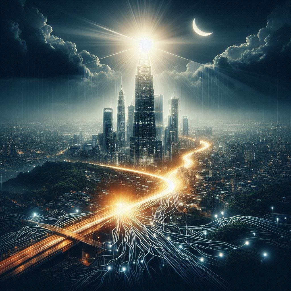 A dramatic image of a city at night, with a bright light shining from a tower, symbolizing the innovative and powerful features of Filament and MoonShine, which can illuminate the path to successful web development.