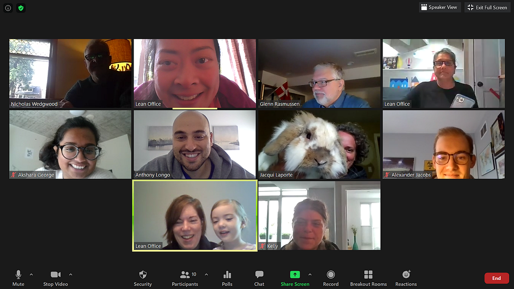 A screengrab with 10 lean members visible during a weekly huddle.
