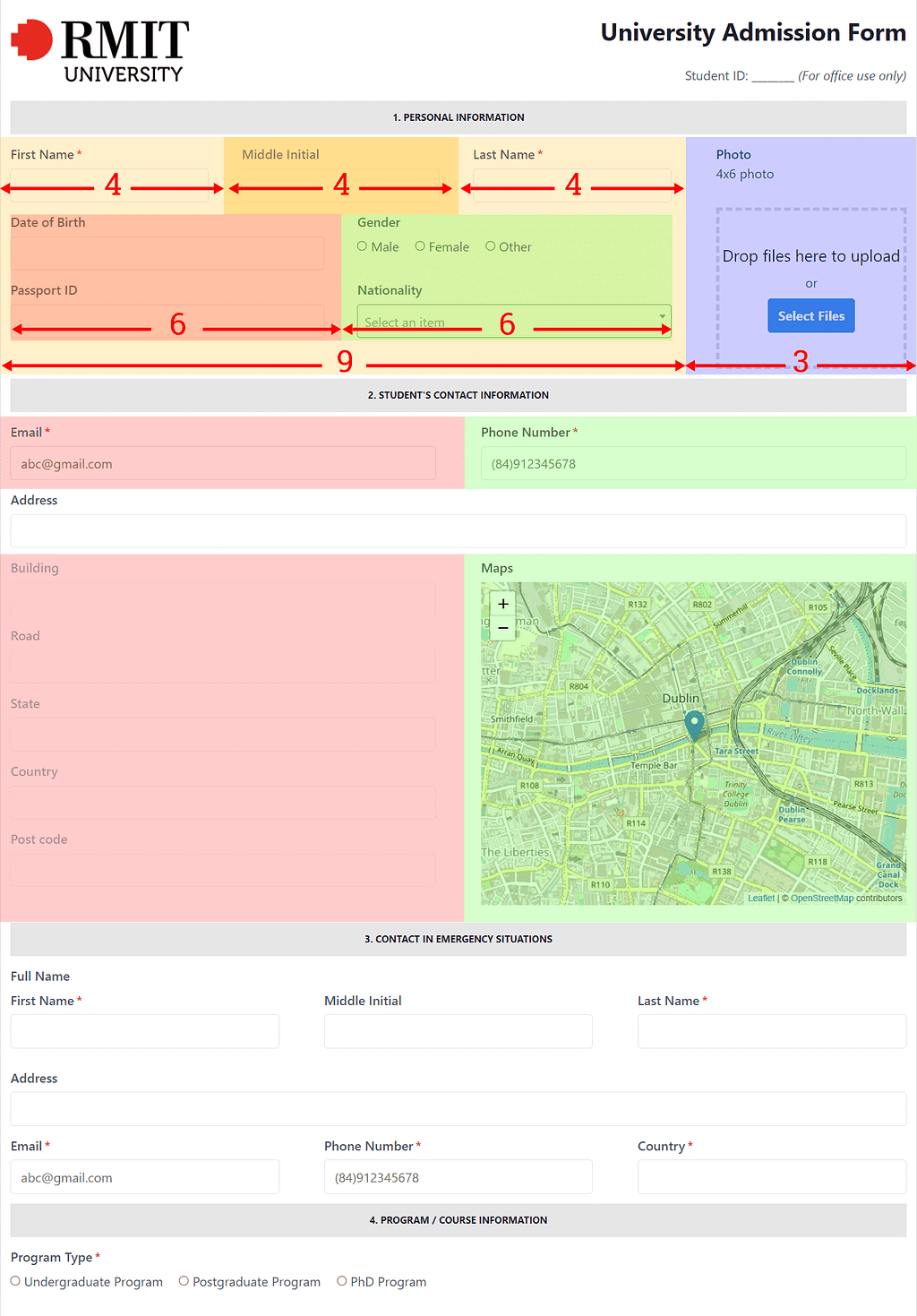 layout of the admission form about how the custom fields are arranged in groups and columns