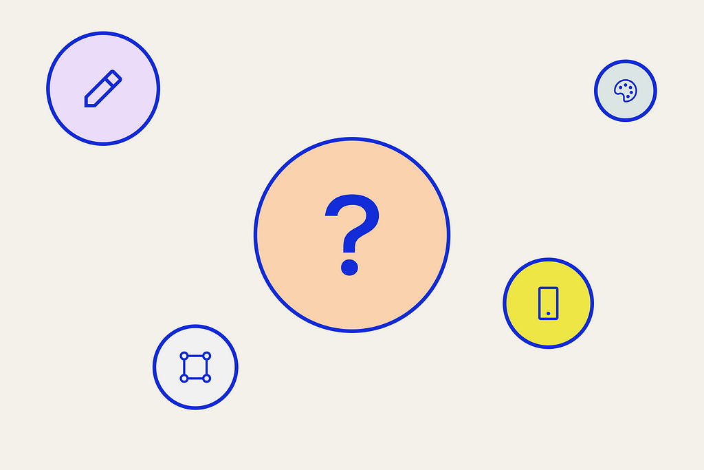 Pencil, palette, vector and phone icons floating around a question mark representing defining design roles.