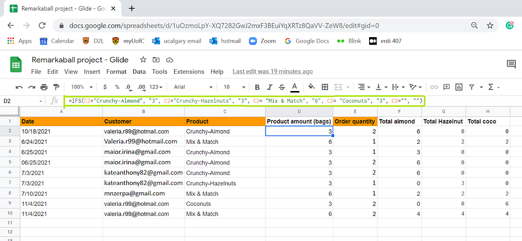 “IFS” formula to determine the number of bags ordered based on the type of product purchased; used in the Shopify tab of the Google Sheets.