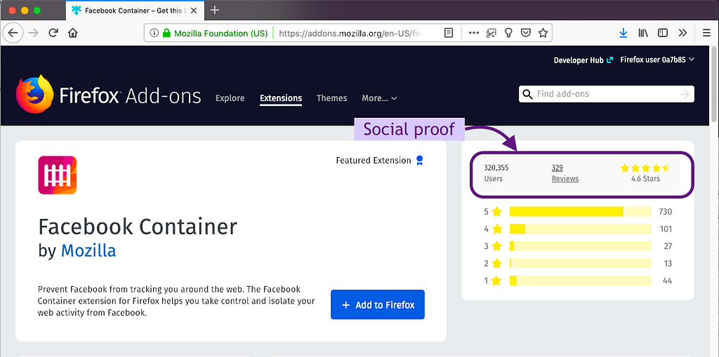Planet Mozilla Projects - figcaption screenshot of facebook container s page on addons mozilla org with the social proof outlined number of users number of reviews and rating