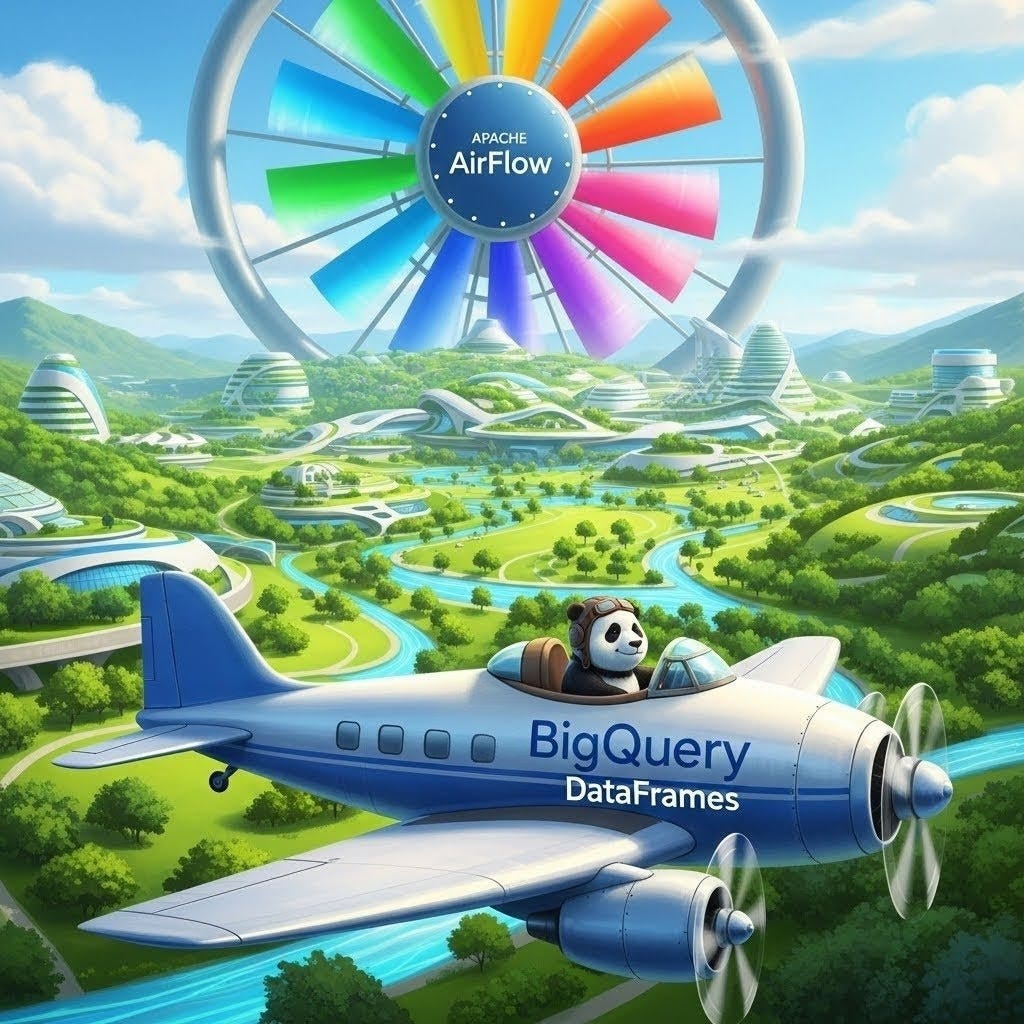 A panda flying a blue airplane branded as BigQuery DataFrames with a futuristic eco-city behind and a giant rainbow colored fan branded as Apache Airflow.