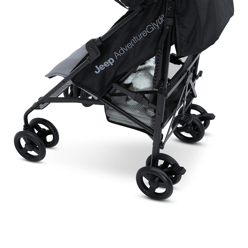 Jeep AdventureGlyde Stroller by Delta Children - Lightweight Travel Stroller with Smoothest Ride  Compact Fold, 3-Position Recline, Extra Large Storage Basket, Black/Grey