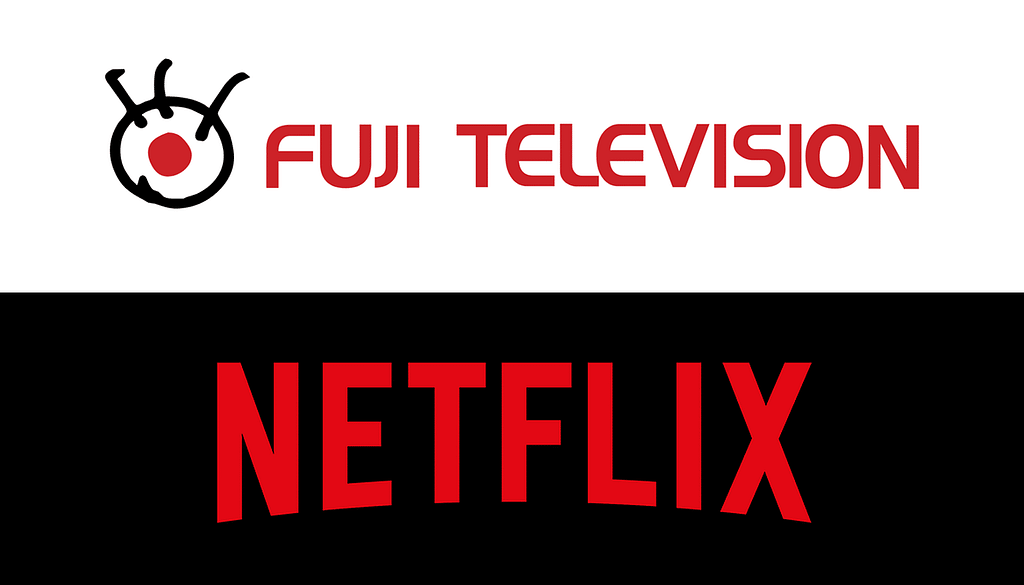 The logo for fuji TV is red text on a white background, the logo for netflix is red text on a black background