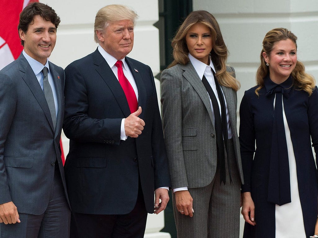 Donald Trump and Melania Trump welcome Canadian Prime Minister Justin Trudeau and his wife Sophie Gregoire Trudeau.