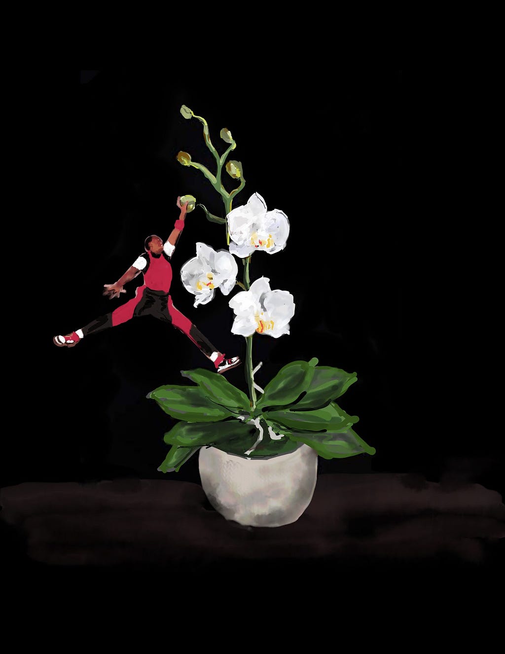 A Quaranzine entry: a painting of a potted plant with white flowers growing out of it and a basketball player dunking the ball on one of the flowers.