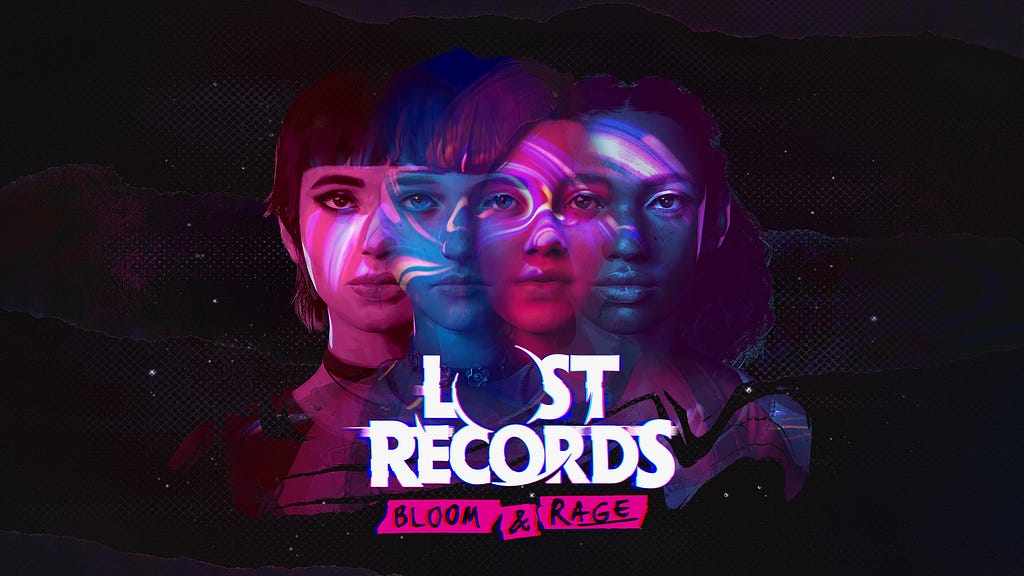 Four girls with pink and blue color overlay, all of their faces overlapping, staring at the camera. The title “Lost Records” is written in white below them, and below that is “Bloom & Rage” written in marker on pink tape. The background is mostly black with stars scattered here and there.