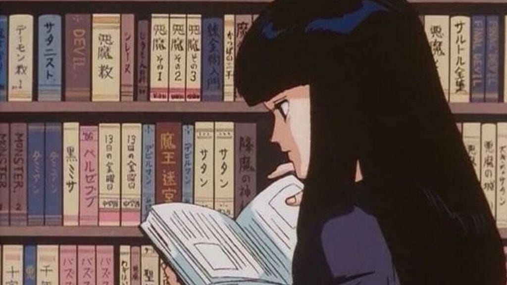 90s-style illustration of girl reading a book