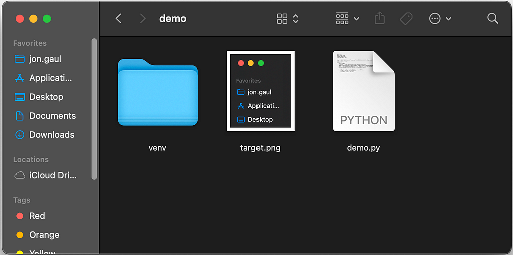 A finder window containing a folder labeled “venv”, a screenshot of the corner of the window labeled “target.png”, and a python script labeled “demo.py”