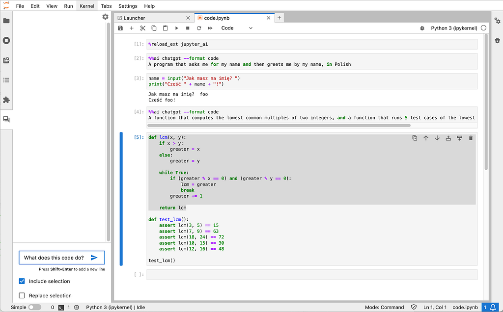 Screenshot of JupyterLab with some source code highlighted. The user has typed the question “What does this code do?” and has checked a checkbox to include the selection with their question.