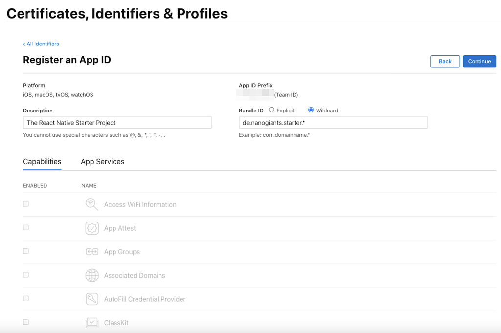 A view of the Apple Developer Portal Register an App ID page