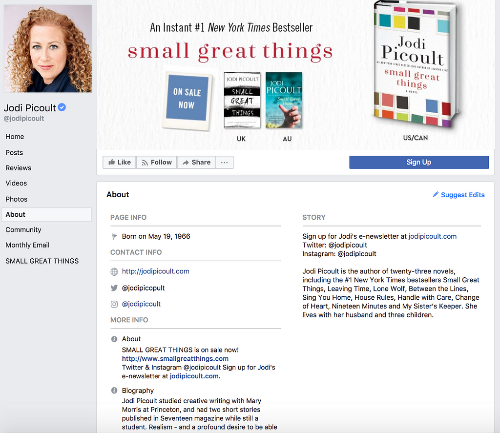 Author Jodi Picoult Facebook About Page