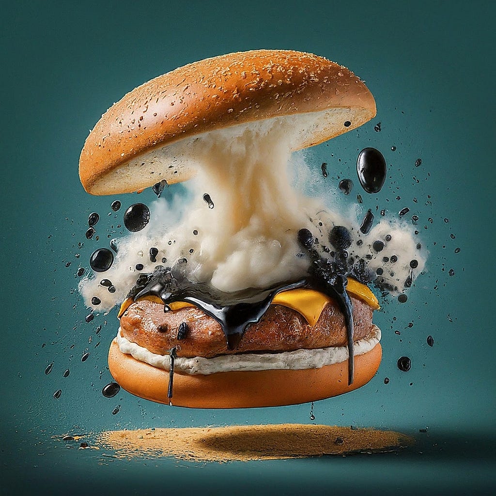 A detailed burger set against a teal background, disintegrating into a dark, inky substance, symbolizing the hidden dangers and unhealthy aspects of ultra-processed foods, in line with the article’s discussion on the need for regulation.