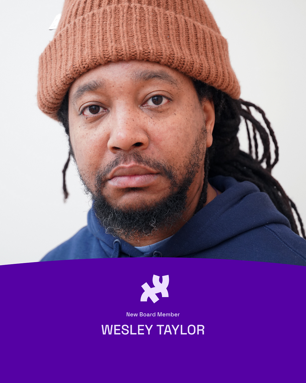 A graphic with an image of our new board member, Wesley Taylor. His profile photo sits on top of a dark purple graphic element at the bottom in the shape of a hill which reads, “New Board Member AX Mina” with the Processing logo in white on top of the text.