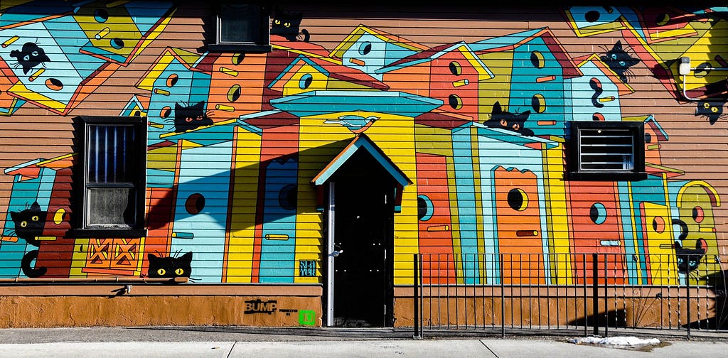 Bright mural on building wall