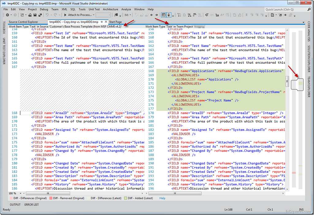 Work Item Type Definition Diff Compare Experience in Visual Studio 11 with TFS Team Project Manager