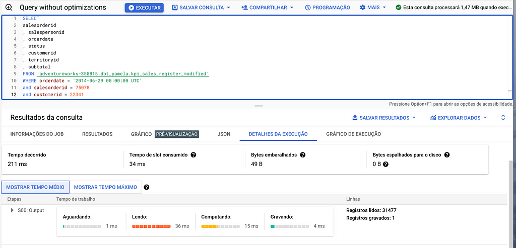 Representation of the absence of partitioning and clustering usage in a BigQuery query. It presents a prompt and below the query results with information regarding time and bytes.