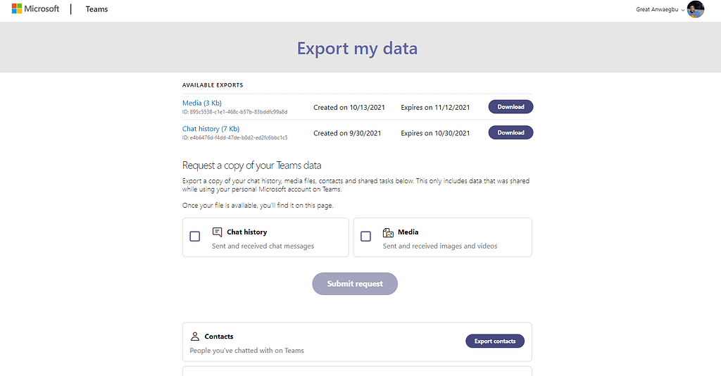 Microsoft Teams export page