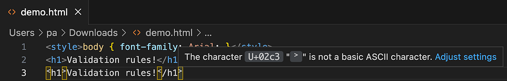 VS Code editor displaying HTML file contents highlighting that some characters are not ASCII characters.