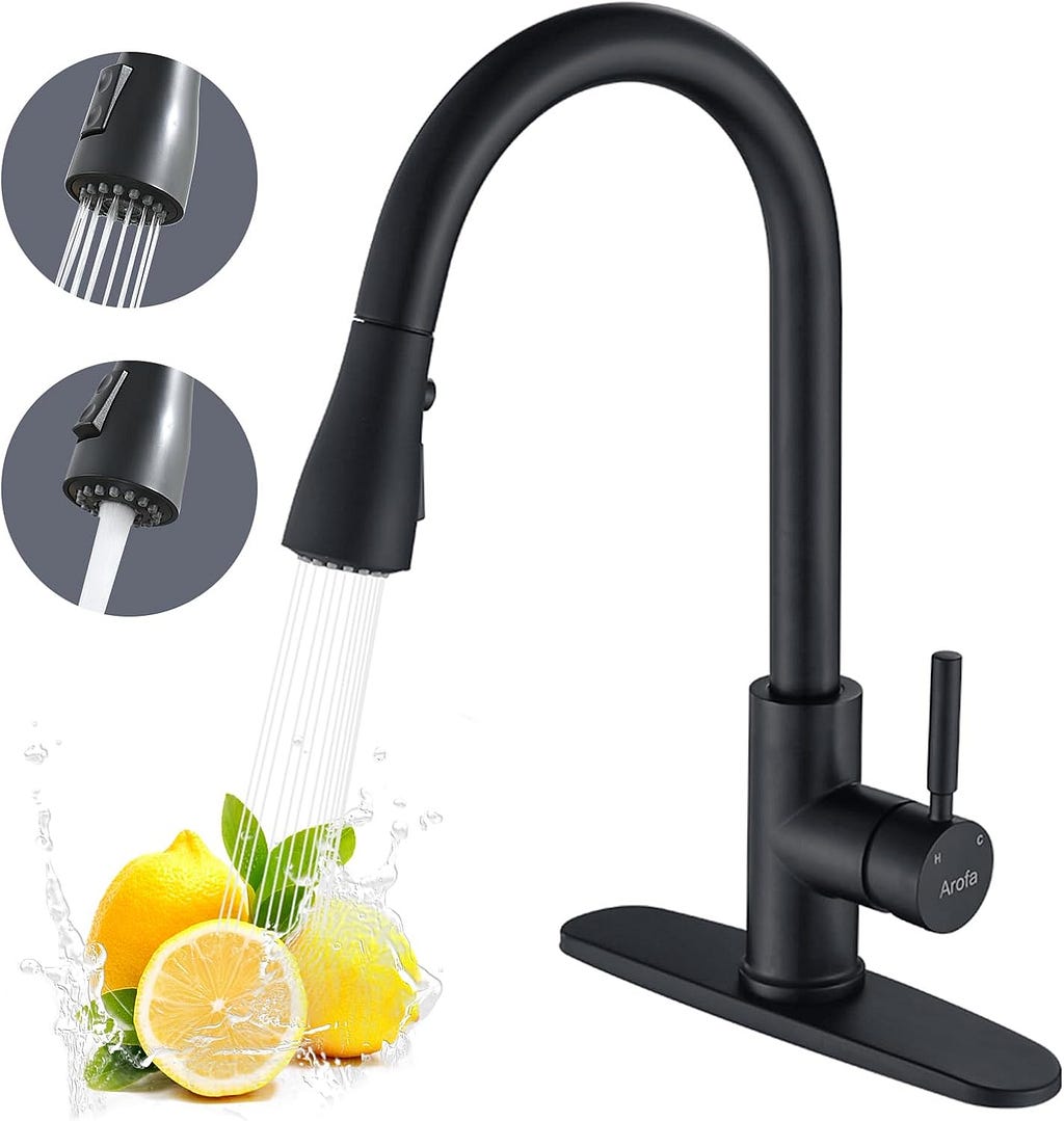 Arofa Matte Black Kitchen Faucet, Kitchen Sink Faucet with Pull Down Sprayer Single Handle Stainless Steel Commercial Modern for 1 or 3 Hole Farmhouse Camper Laundry Utility Rv Bar Sinks