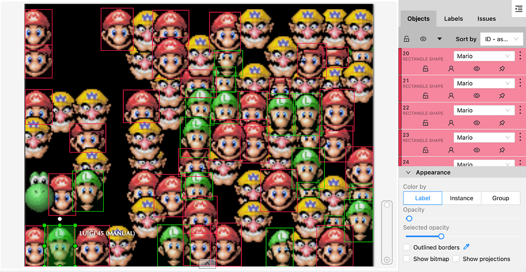 A screenshot of the software I was using to label faces, CVAT. I am mid-way through this data labeling of many, many faces (of which almost all are overlapping some other face). There are red boxes around Mario’s faces and green boxes around Luigi’s faces.