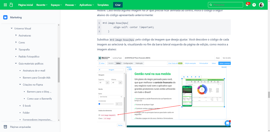 Print de tela do Confluence, mostrando parte do tutorial de criação das landing pages. Um código é apresentado ao longo do texto, seguido de um print do RD Station indicando como identificar os elementos envolvidos no código.